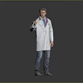 Man in white doctor coat with stethoscope pointing with right index finger against gray background