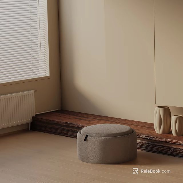 Round Light Gray Upholstered Chair in Beige Room With Blinds Wooden Platform And Ceramic Vases 3d model 