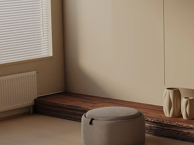 Round Light Gray Upholstered Chair in Beige Room With Blinds Wooden Platform And Ceramic Vases 3d model