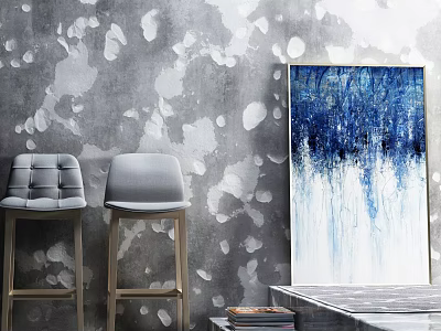 Gray Upholstered Bar Stools By Gray Speckled Wall With Blue Abstract Painting 3d model