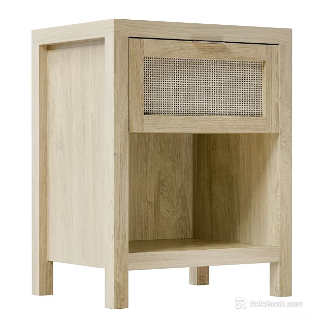 Natural Light Wooden Nightstand With Woven Rattan Drawer And Open Storage Shelf For Bedroom Space 3d model 