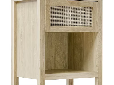 Natural Light Wooden Nightstand With Woven Rattan Drawer And Open Storage Shelf For Bedroom Space 3d model