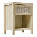 Natural Light Wooden Nightstand With Woven Rattan Drawer And Open Storage Shelf For Bedroom Space