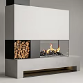 Modern White Fireplace Design With Glass Front Burning Flame And Wood Storage