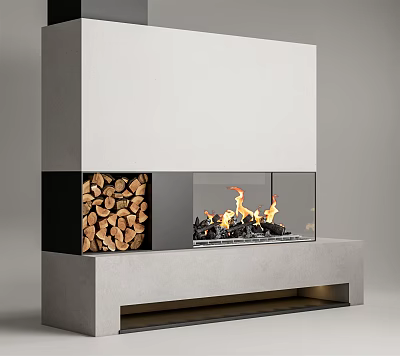 Modern White Fireplace Design With Glass Front Burning Flame And Wood Storage 3d model