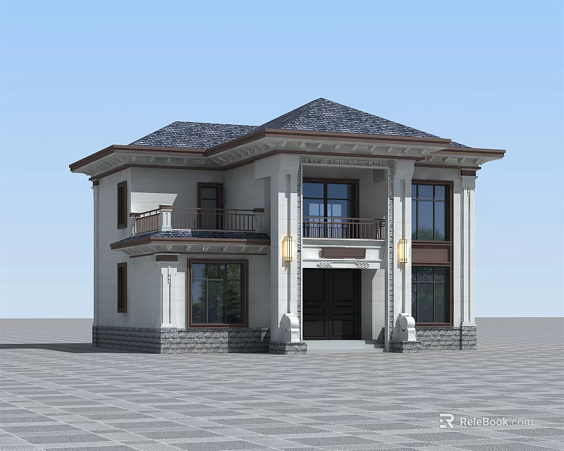Two Story Chinese Style Detached Villa With Gray Roof White Exterior And Front Steps 3d model 