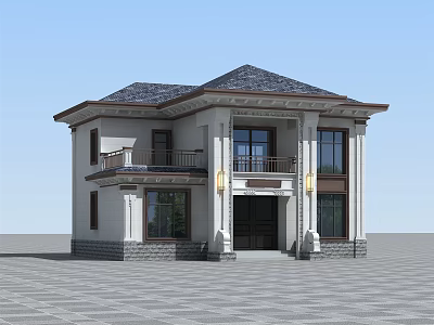Two Story Chinese Style Detached Villa With Gray Roof White Exterior And Front Steps 3d model