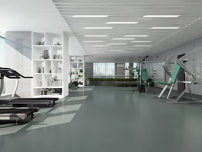 Modern Sports Fitness Gym Featuring Treadmill Equipment White Shelves Windows And Green Chairs 3d model