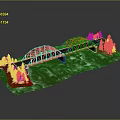 Miniature Arch Bridge Scene With Metal Structure Water And Green Trees