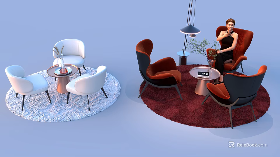 Modern Sofa And Coffee Table Set With Red White Chairs And Decorative Rugs 3d model 