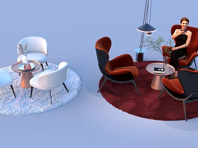 Modern Sofa And Coffee Table Set With Red White Chairs And Decorative Rugs 3d model