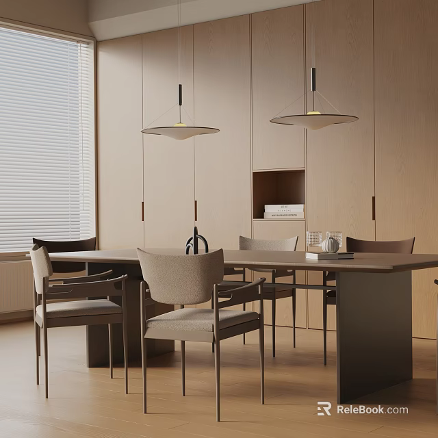 Modern Dining Room Interior With Wooden Dining Table Set And Hanging Pendant Lights 3d model 