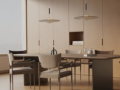 Modern Dining Room Interior With Wooden Dining Table Set And Hanging Pendant Lights 3d model