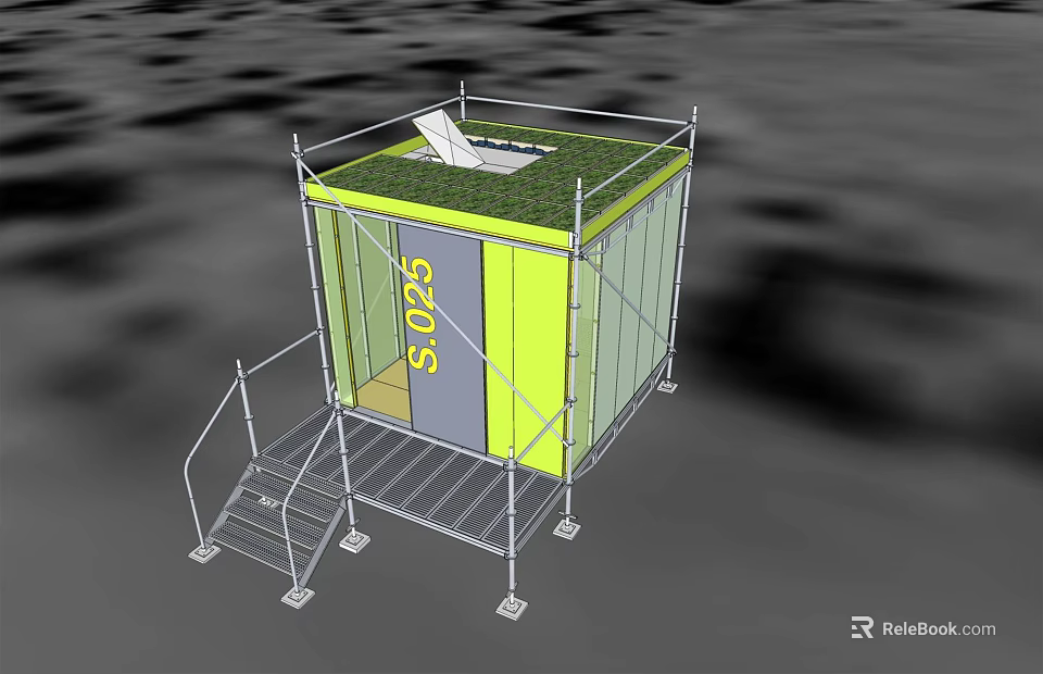 Yellow Container Structure With Green Roof SOS Sign Scaffolding And Staircase 3d model 