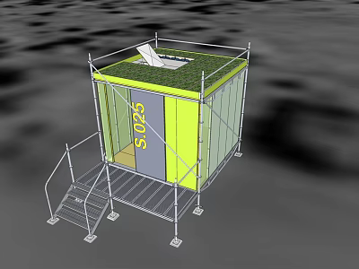 Yellow Container Structure With Green Roof SOS Sign Scaffolding And Staircase 3d model
