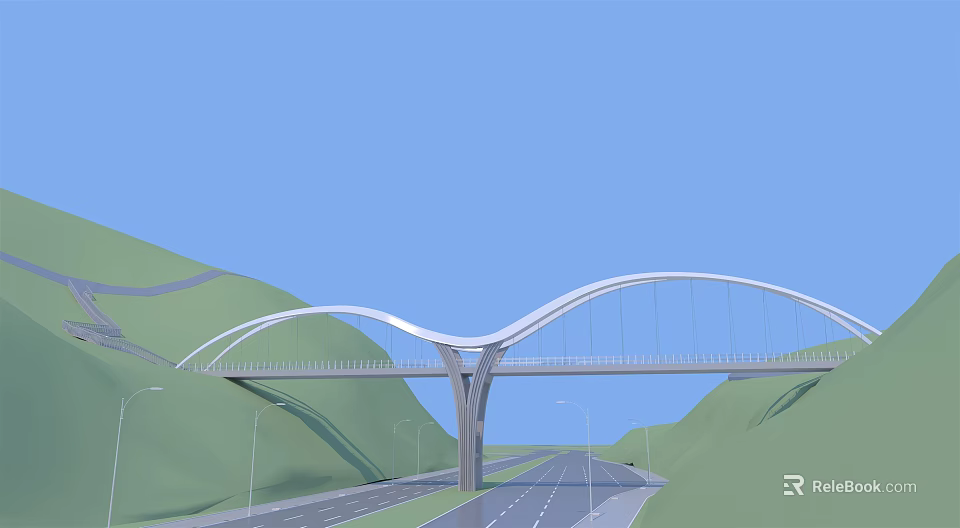 Modern Arched Bridge Design Over Road With Green Hills And Blue Sky 3d model 