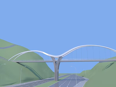 Modern Arched Bridge Design Over Road With Green Hills And Blue Sky 3d model