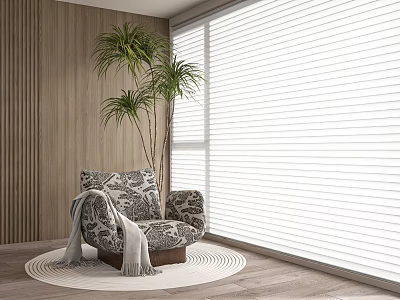 Cozy Patterned Lazy Sofa With Gray Blanket Palm Plants By Wooden Wall White Blinds 3d model