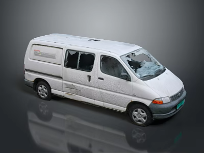 White Used Van With Broken Windshield And Worn Exterior Body Details 3d model