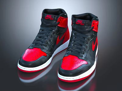 High Top Black Red Nike Swoosh Shoes With White Sole And Leather Upper 3d model