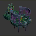 3D Rendered Fantasy Landscape With Blue Architectural Structure Circular Platform Arches And Red Glowing Elements