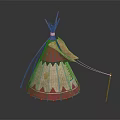 Traditional Tepee Tent With Red And Beige Canvas Decorative Pattern And Wooden Poles