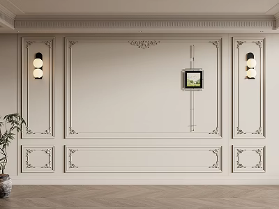 Classic White Wall Paneling Design With Decorative Molding Wall Sconces Potted Plant And Herringbone Floor 3d model