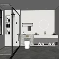 Modern Bathroom Interior With Glass Shower Round Mirror Marble Vanity Toilet And Storage Shelves