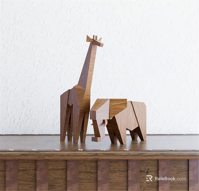 Geometric Wooden Animal Dolls Giraffe and Elephant with Simple Design on Table White Wall Background 3d model 