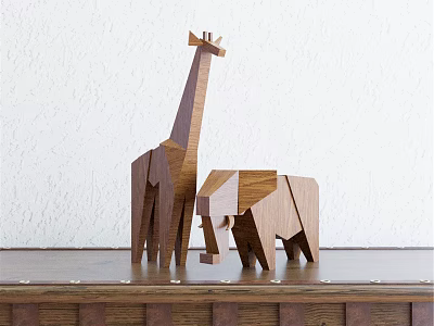 Geometric Wooden Animal Dolls Giraffe and Elephant with Simple Design on Table White Wall Background 3d model
