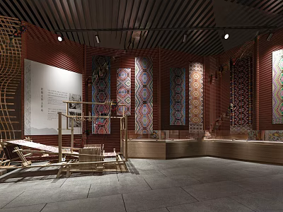 Traditional Textile Exhibition Hall With Ancient Loom And Colorful Tapestry Wall 3d model