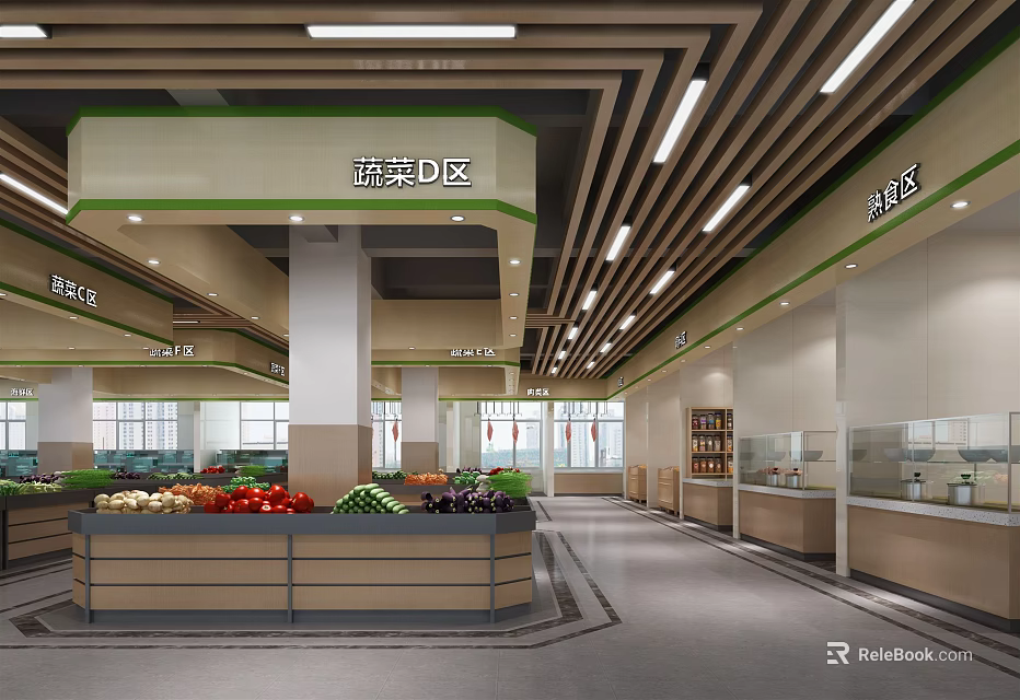 Supermarket Interior Featuring Fresh Vegetable Fruit Sections Display Shelves And Bright Lighting 3d model