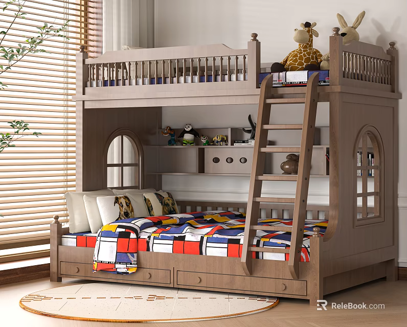 Wooden Bunk Bed With Ladder Colorful Quilt Storage Drawers And Stuffed Animals 3d model 
