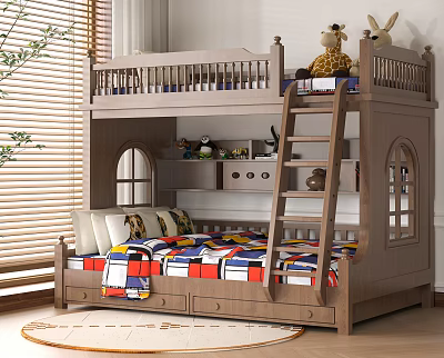 Wooden Bunk Bed With Ladder Colorful Quilt Storage Drawers And Stuffed Animals 3d model
