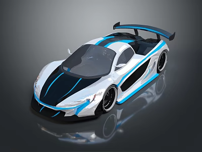 Sleek Modern Sports Car With Blue And White Body And Rear Spoiler 3d model