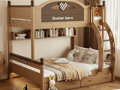 Wooden Bunk Bed With Built in Bookshelf Storage Drawers Ladder And Cozy Decorative Pillows 3d model