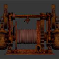 Old Rusty Winch With Two Wheels And Coiled Steel Rope Mechanical Structure 3d model