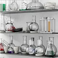 Lab Inspired Decorative Glassware Ornament Set on Wall Shelves with Various Shapes and Colored Liquids