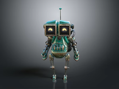 Vintage Robot Character With Green Gold Body Glowing Eyes Antenna And Mechanical Limbs 3d model