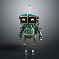 Vintage Robot Character With Green Gold Body Glowing Eyes Antenna And Mechanical Limbs