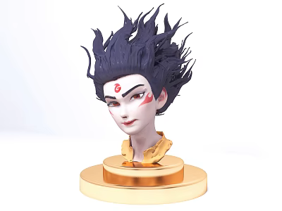 Game Movie Character with Black Flowing Hair Red Forehead Mark Golden Collar and Base 3d model