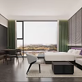 Modern Hotel Room With White Bed Gray Herringbone Flooring Black Partition Wall TV And Desk