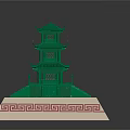 Green Multi Tiered Pagoda Model With Red Traditional Patterned Card And Decorative Base