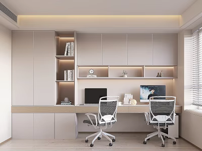 Modern Study Room Interior With Desks Office Chairs And Lit Cabinets 3d model