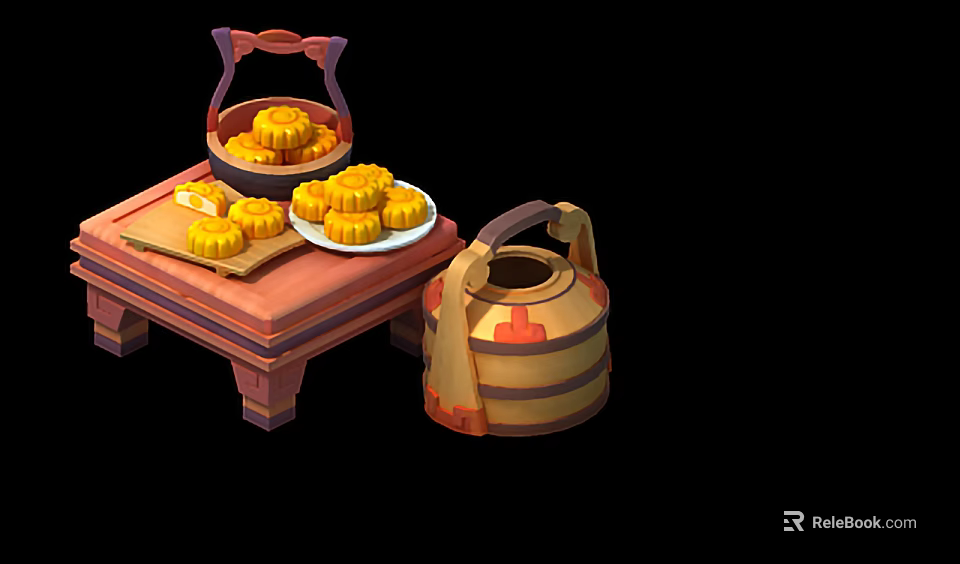 Yellow Mooncakes on White Plate in Bamboo Basket on Wooden Table with Decorative Bucket 3d model 