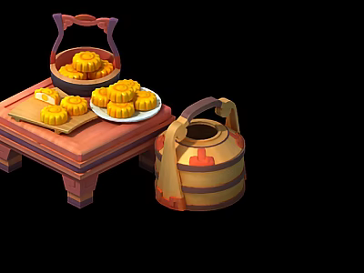 Yellow Mooncakes on White Plate in Bamboo Basket on Wooden Table with Decorative Bucket 3d model