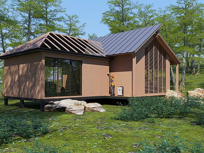 Wooden Villa Balcony Outdoor Design with Metal Roof and Lush Green Trees Surroundings 3d model