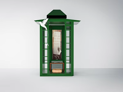 Green Kiosk With Glass Panels White Bird Books And Interior Poster 3d model