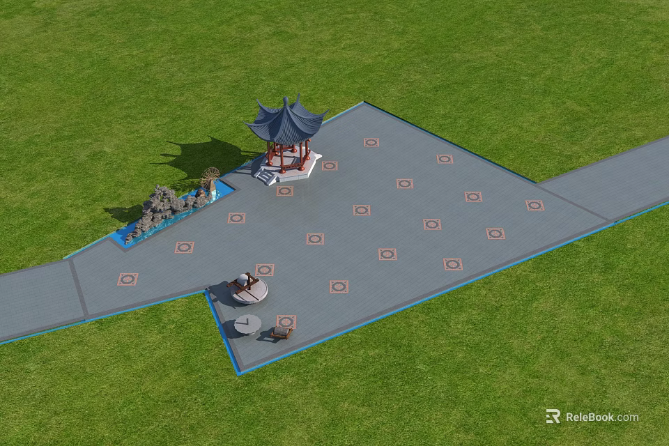 Traditional Chinese Pavilion In Green Grass Square With Patterned Floor And Stone Seats 3d model 