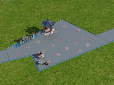 Traditional Chinese Pavilion In Green Grass Square With Patterned Floor And Stone Seats 3d model